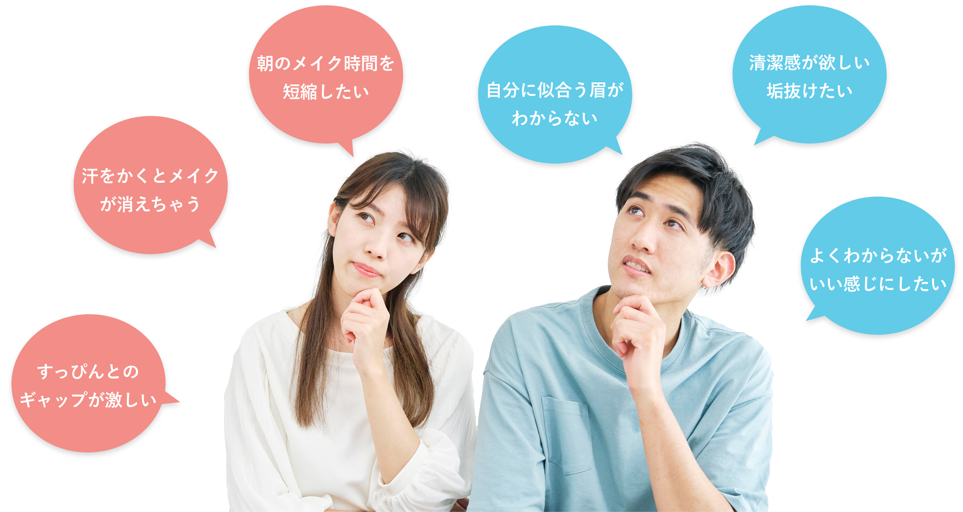 すっぴんとのギャップが激しい/汗をかくとメイクが消えちゃう/朝のメイク時間を短縮したい/自分に似合う眉がわからない/清潔感が欲しい垢抜けたい/よくわからないがいい感じにしたい